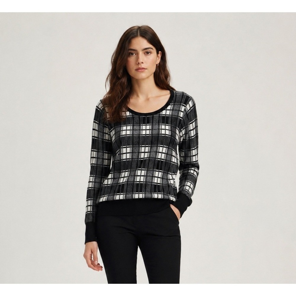 Ann Taylor Sweater Womens Medium Black White Windowpane Plaid Viscose Nylon